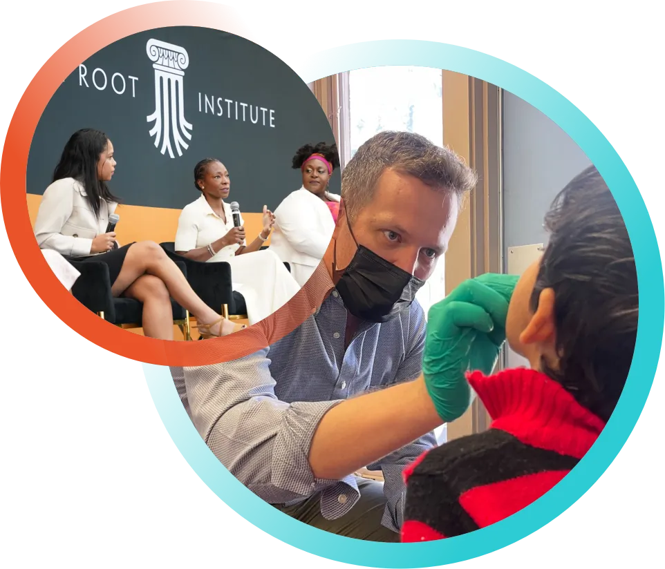 Image 1: CareQuest Institute President and CEO Myechia Minter-Jordan speaks on leadership panel at The Root Institute event. Image 2: Male dentist wearing mask and gloves examines child's mouth.